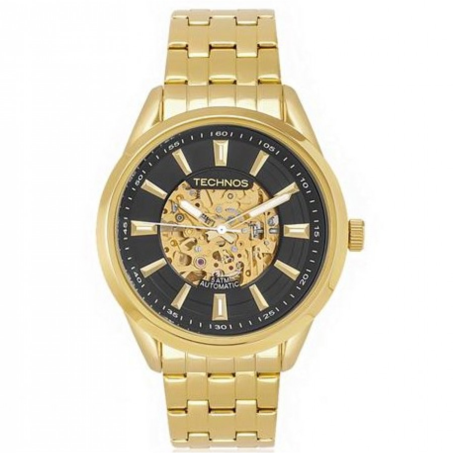 Relógio technos masculino dourado automático clearance