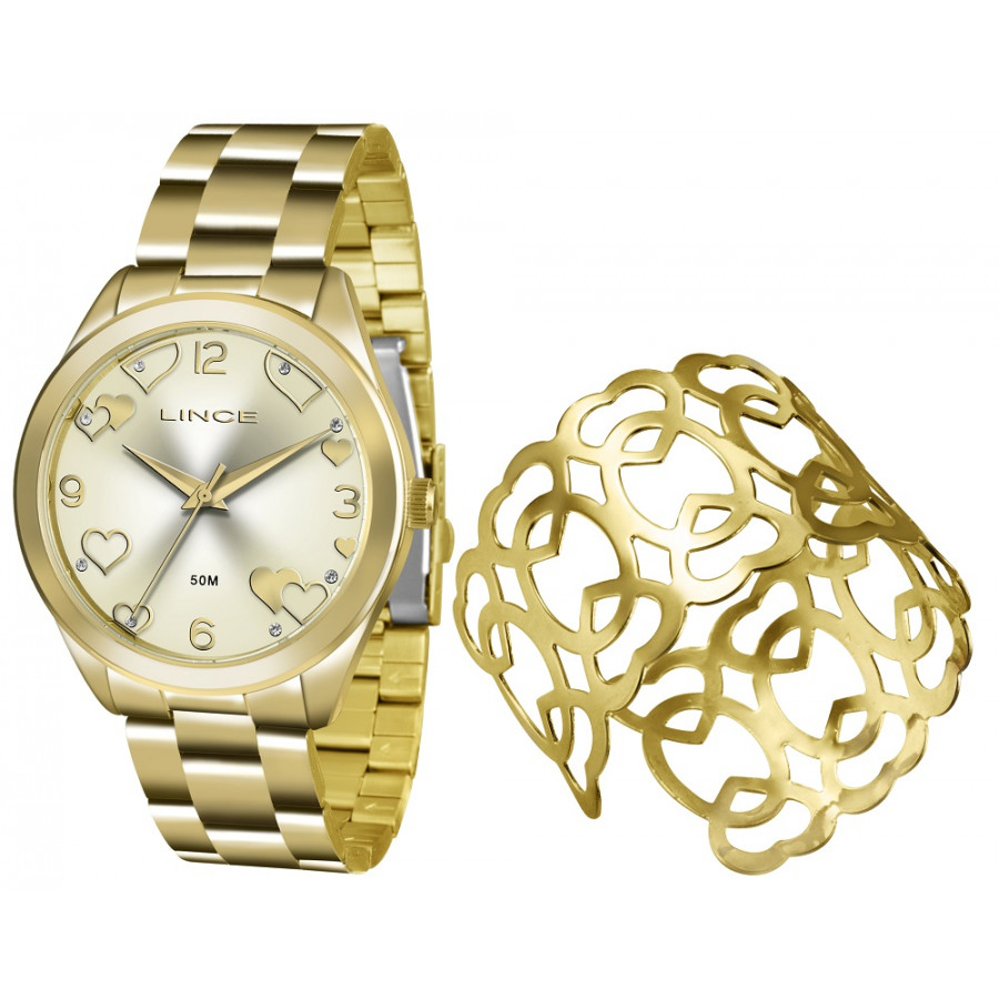 Kit Relógio Lince Feminino Dourado LRG4392LK195 + Pulseira