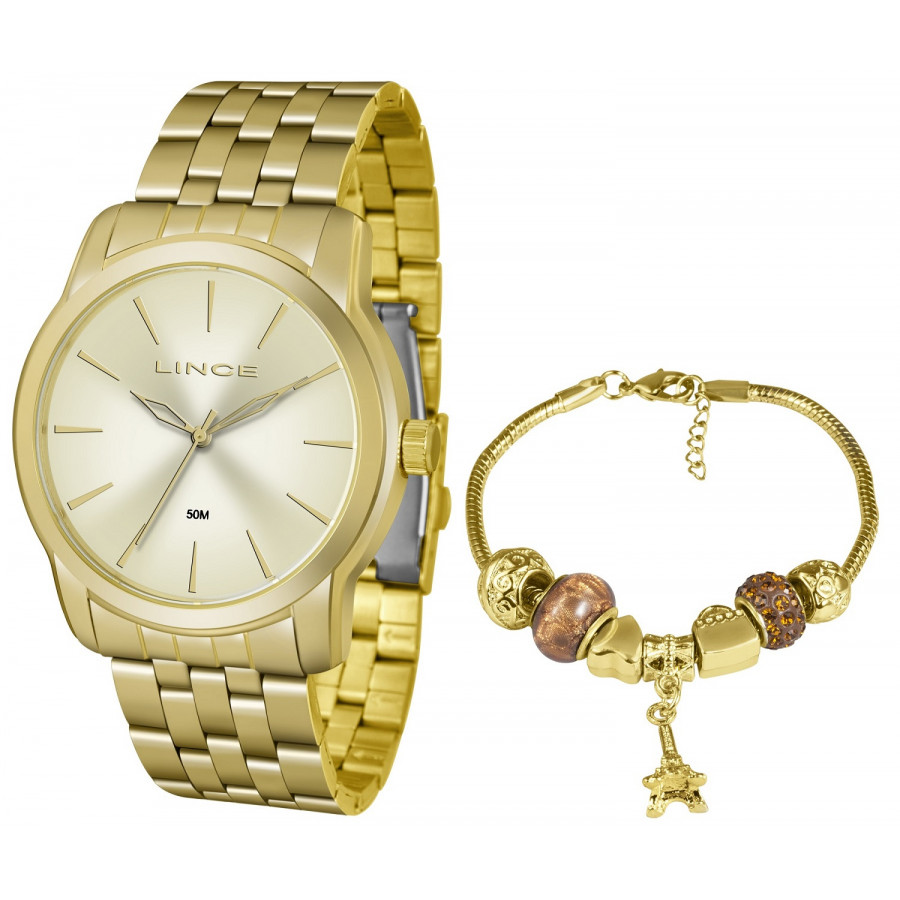 Kit Relógio Lince Feminino Dourado LRG4551LKU88 + Pulseira